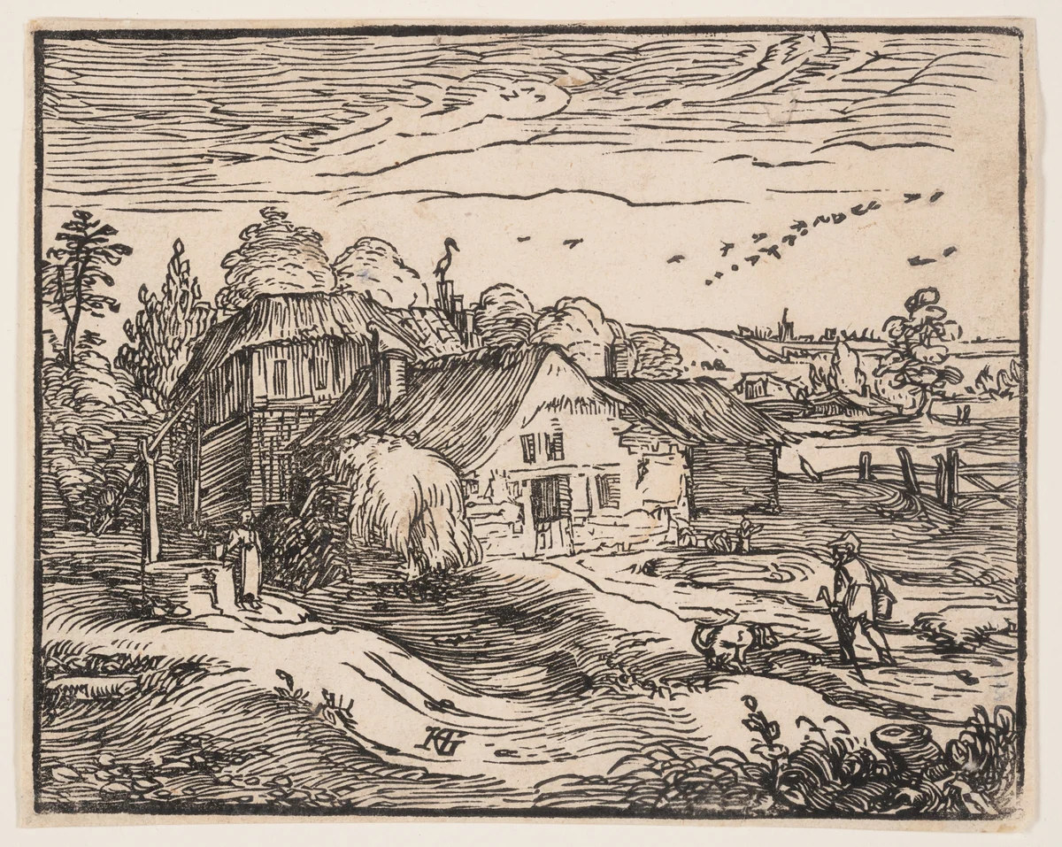 Landscape with a Farmhouse by Hendrick Goltzius, print, 1600