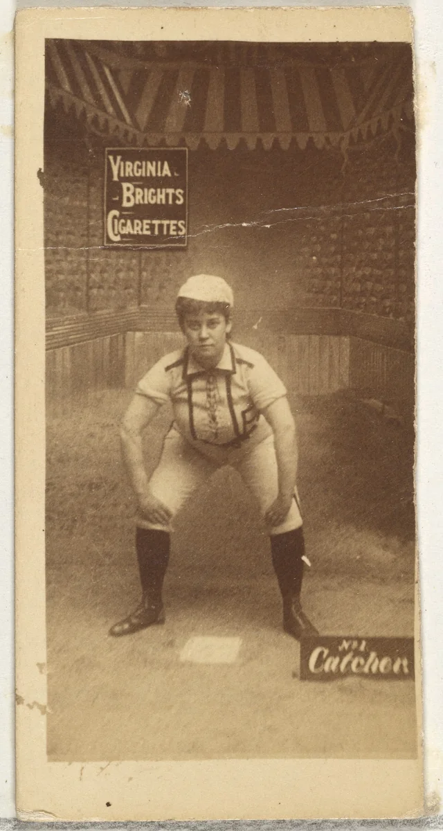 Catcher, from the Girl Baseball Players series (N48, Type 2) for Virginia Brights Cigarettes by Allen & Ginter, photograph, 1886-1888