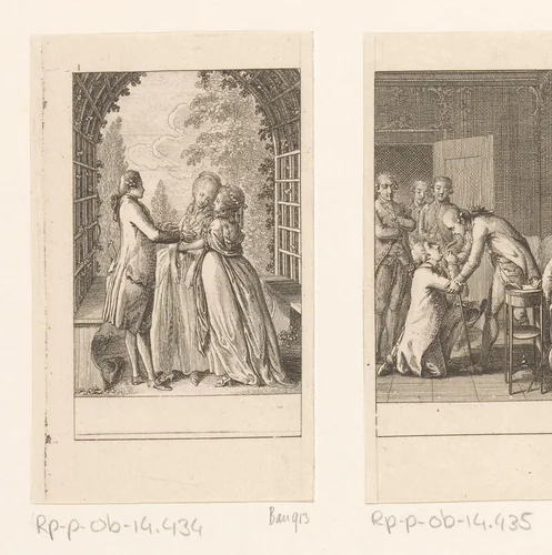 Clara leidt Julie in de armen van haar geliefde St. Preux by Daniel Nikolaus Chodowiecki, print, 1782