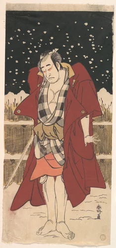 Onoe Matsusuke as Man Armed with a Sword, Standing in Snow before a Fence by Katsukawa Shunkō (勝川春好), print, 1786