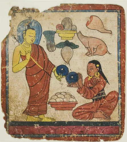 Lady Offering Food to a Monk, From a Set of Initiation Cards (Tsakali) by Southern Tibet, painting, 1301-1500