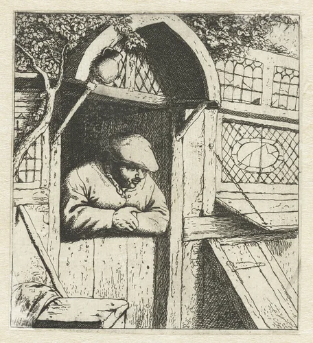 Boer leunend op onderdeur by anonymous, print, 1651-1745