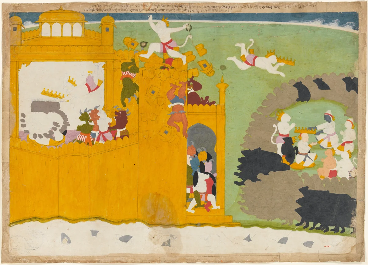 The Monkey Leader Angada Steals Ravana's Crown from His Fortress: Folio from the Siege of Lanka series by Manaku, painting, 1715-1735