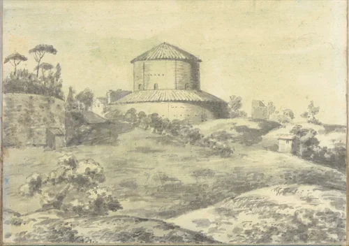 Landscape with an ancient temple converted into a church, at Rome (Smaller Italian sketchbook, leaf 4 recto) by Joseph Wright, drawing, 1774-1775