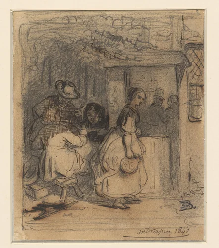 Bezoekers op een terras voor een herberg by Eugène François de Block, drawing, 1840