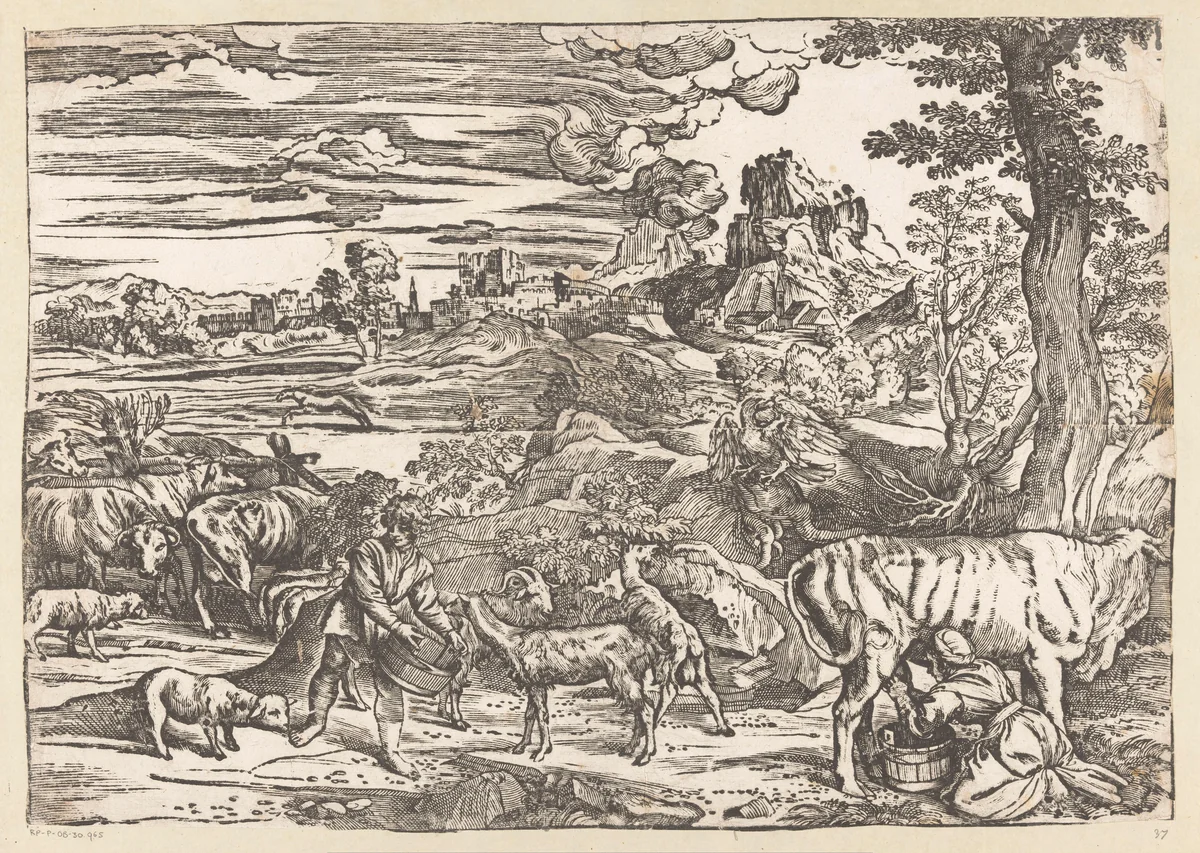 Landschap met melkmeid by Titiaan, print, 1525