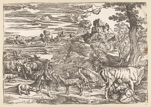 Landschap met melkmeid by Titiaan, print, 1525