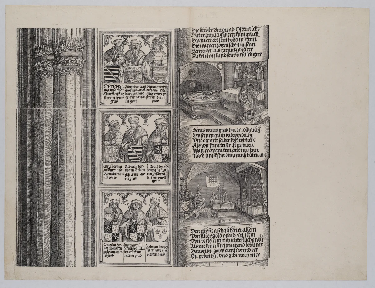The Tomb Erected by Maximilian for His Father; and The Imperial Treasure; with Portraits of Maximilian's Ancestors and Relatives, from the Arch of Honor, proof, dated 1515, printed 1517-18 by Albrecht Dürer, print, 1515