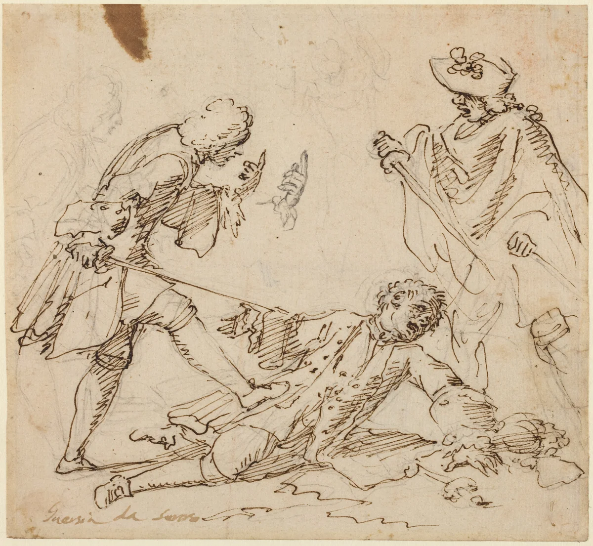 Three Men Fighting by Italian, drawing, 1650-1750