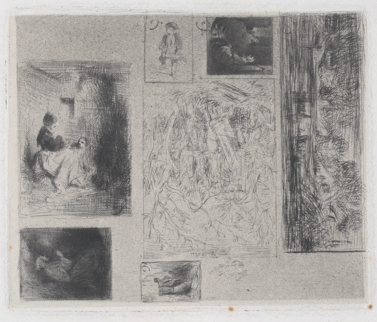 Composite plate: Woman and Children (a), Old Musician (b), Frying Merchant (c), Landscape (d), Landscape (e), Praying Monk (f), and Scavenger (g) by Charles Jacque, print, 1843