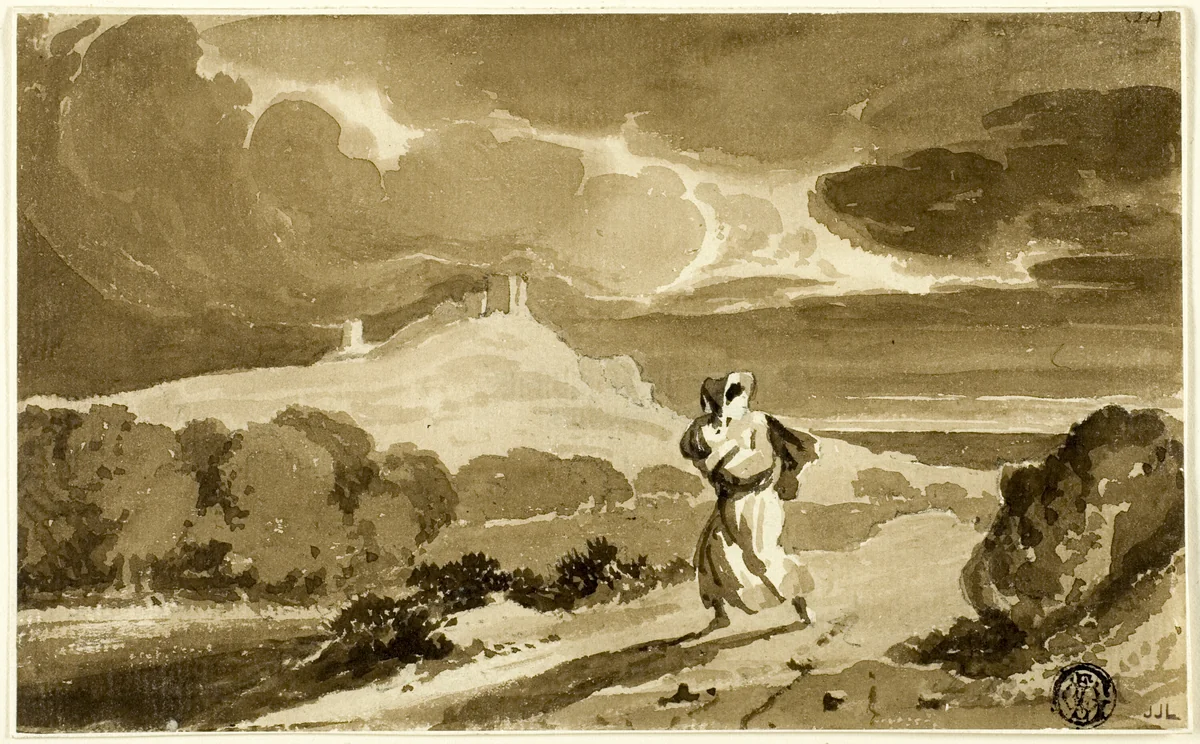 Woman with Baby Fleeing Across Moors by John Constable, drawing, 1796-1837
