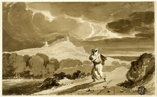 Woman with Baby Fleeing Across Moors by John Constable, drawing, 1796-1837