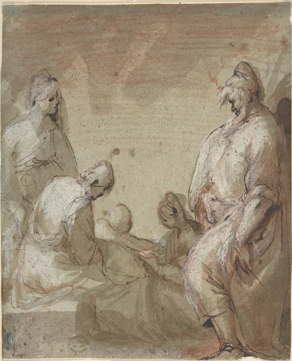 Group of Four Standing and Seated Figures and a Child by anonymous, drawing, 1600-1700