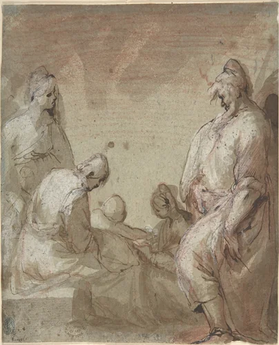 Group of Four Standing and Seated Figures and a Child by anonymous, drawing, 1600-1700