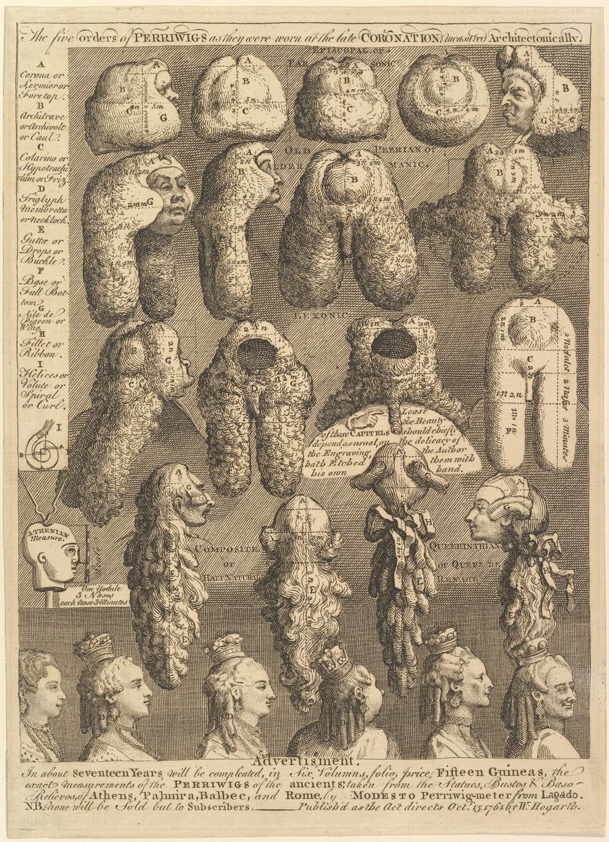 The Five Orders of Periwigs by William Hogarth, print, 1761