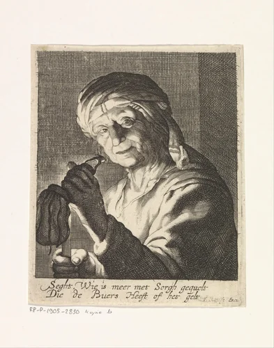 Vrouw met lege beurs by anonymous, print, 1625-1675