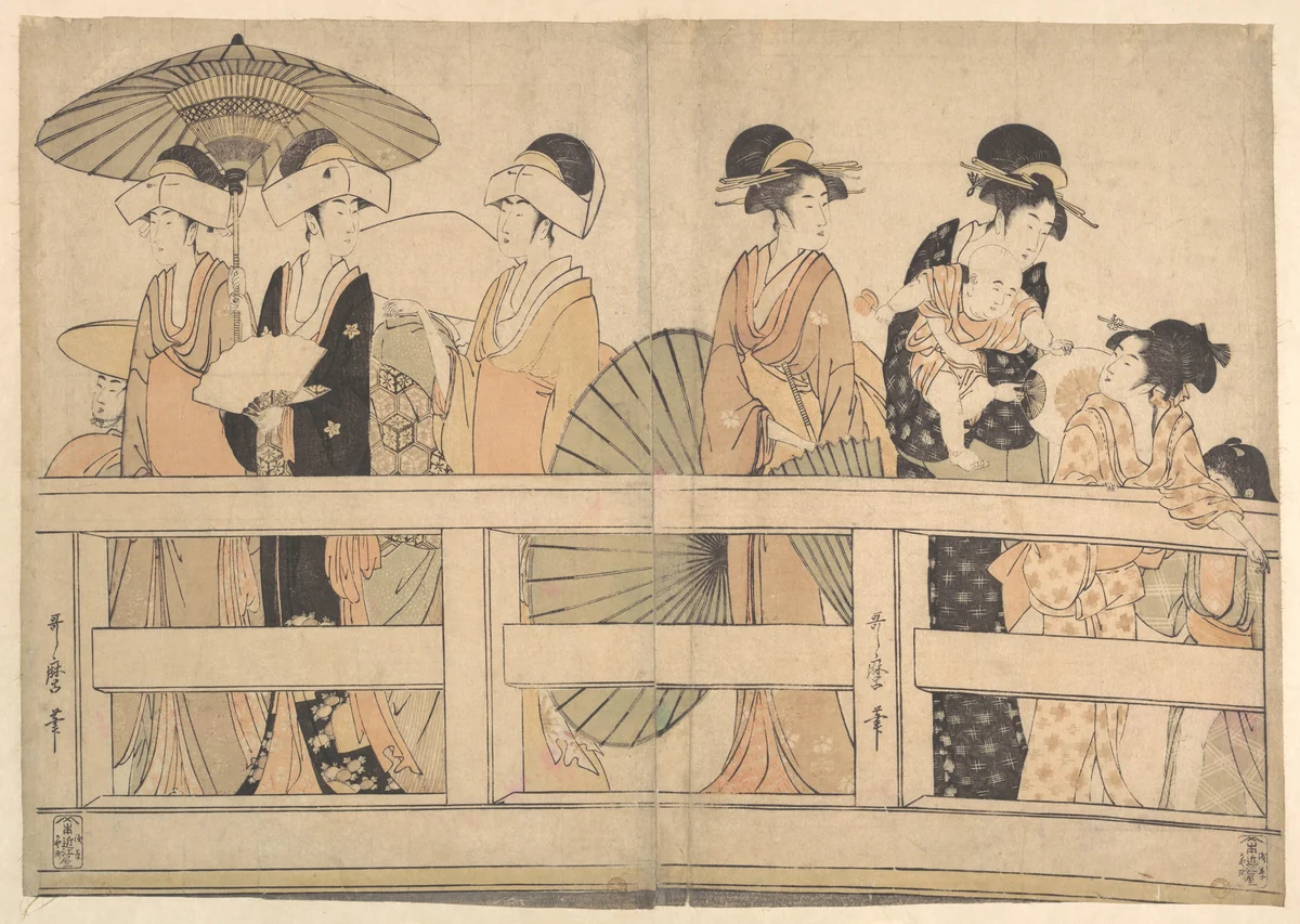Enjoying the Cool Evening Breeze on and under the Bridge by Kitagawa Utamaro (喜多川歌麿), print, 1790-1810