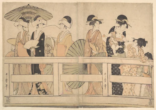 Enjoying the Cool Evening Breeze on and under the Bridge by Kitagawa Utamaro (喜多川歌麿), print, 1790-1810