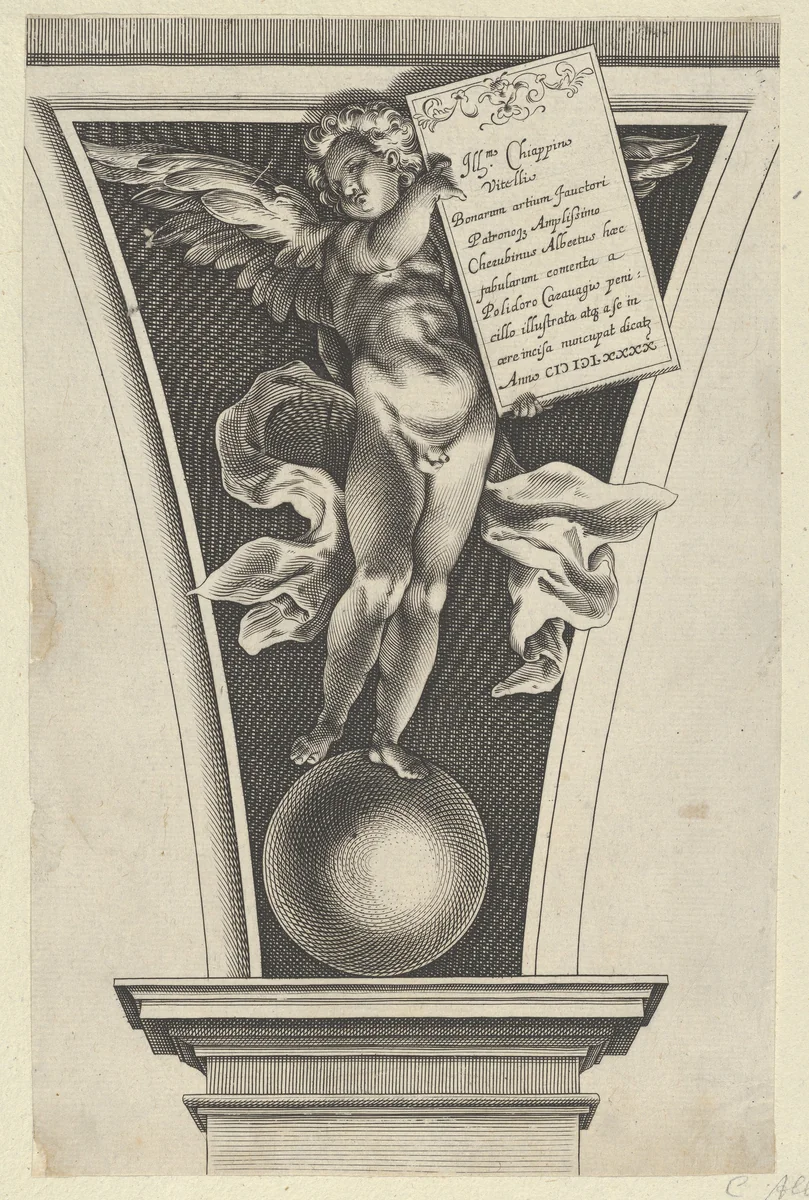 Winged putto holding a dedicatory plaque standing on an orb in an architectural detail by Alexander Mair, print, 1680