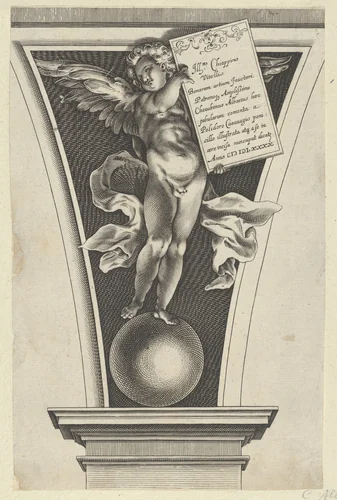 Winged putto holding a dedicatory plaque standing on an orb in an architectural detail by Alexander Mair, print, 1680
