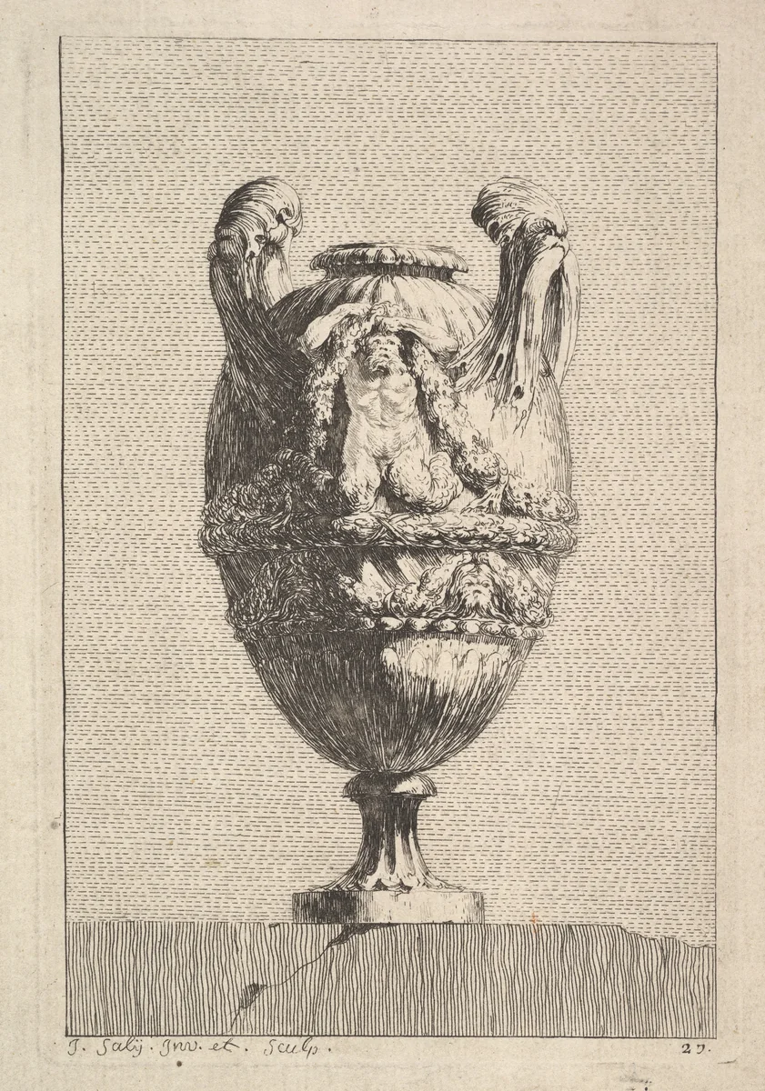 Vase with a Male Siren holding up a Garland, from: Vases by Jacques Saly, print, 1746