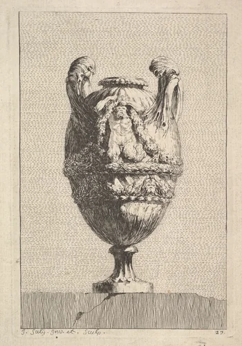 Vase with a Male Siren holding up a Garland, from: Vases by Jacques Saly, print, 1746