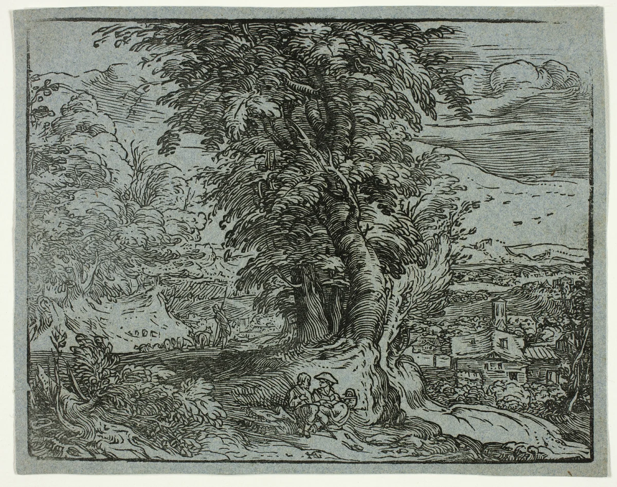 Landscape with a Shepherd Couple, from Four Small Landscapes by Hendrick Goltzius, print, 1597-1600