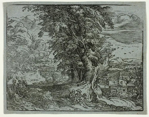 Landscape with a Shepherd Couple, from Four Small Landscapes by Hendrick Goltzius, print, 1597-1600