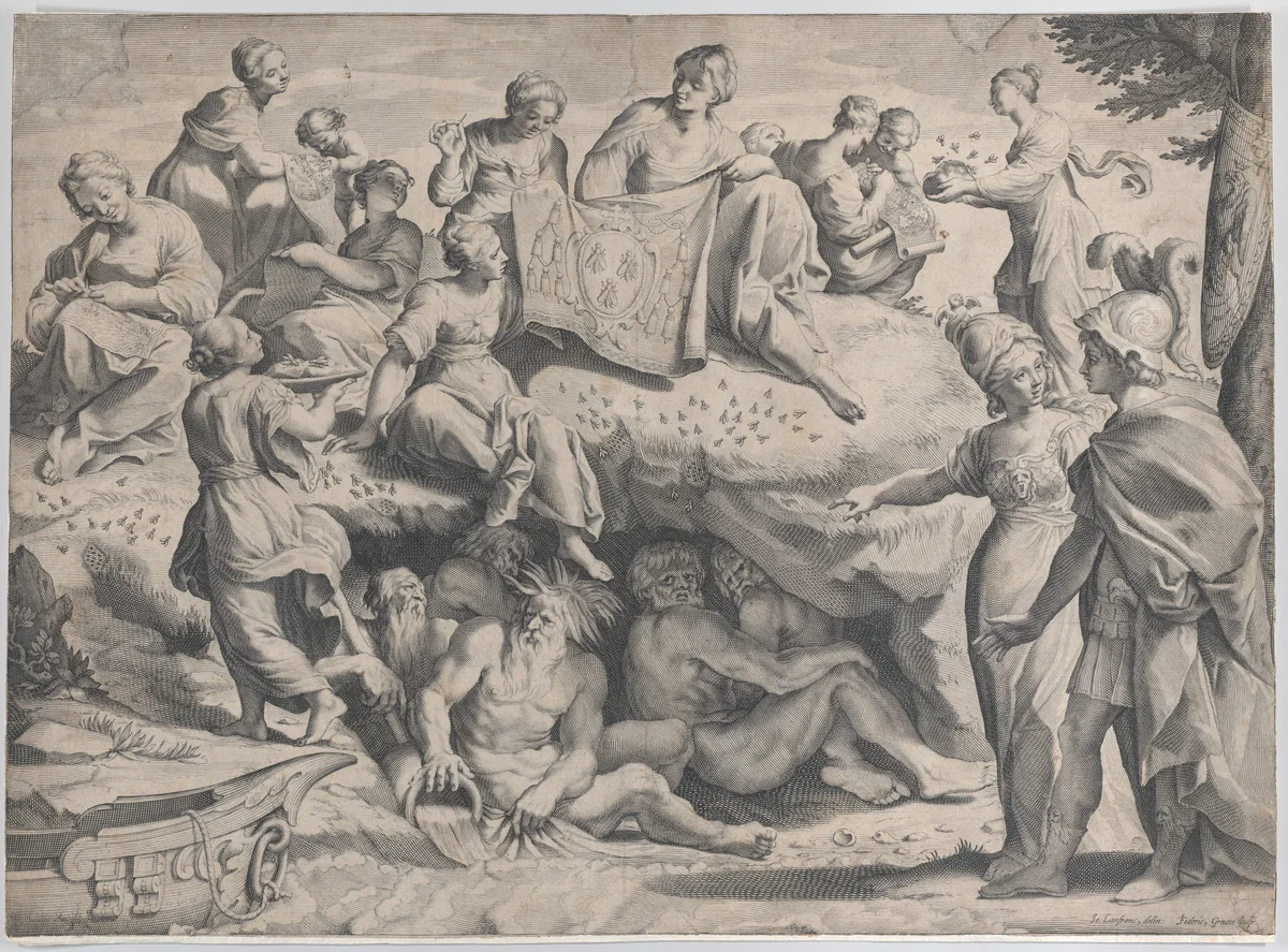 Allegory with Minerva at right, leading a young man towards Mount Parnassus, where the Muses sit by Johann Friedrich Greuter, print, 1620-1647