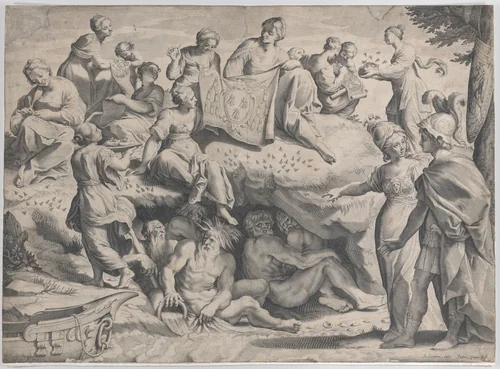 Allegory with Minerva at right, leading a young man towards Mount Parnassus, where the Muses sit by Johann Friedrich Greuter, print, 1620-1647