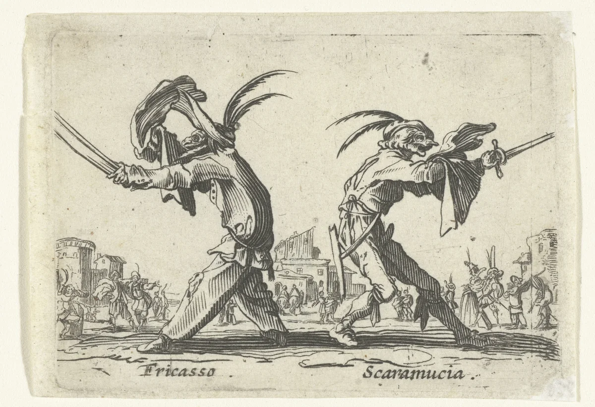 Twee straatartiesten als Fricasso en Scaramucia by anonymous, print, 1622-1670