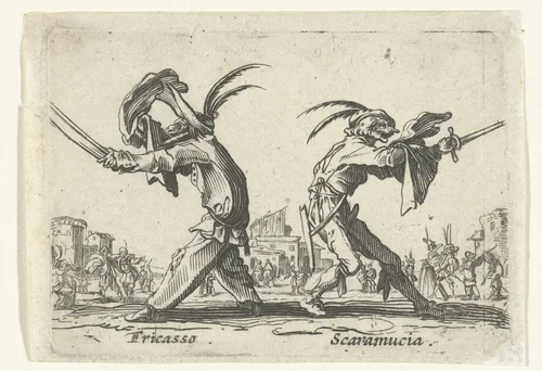 Twee straatartiesten als Fricasso en Scaramucia by anonymous, print, 1622-1670