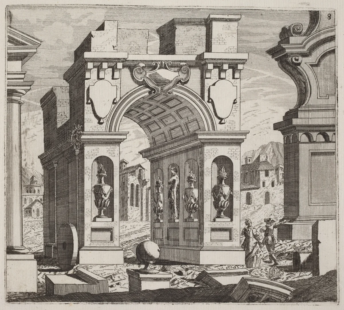 Architectural Fantasy with a Triumphal Arch by Giuseppe Antonio Landi, print, 1719-1753