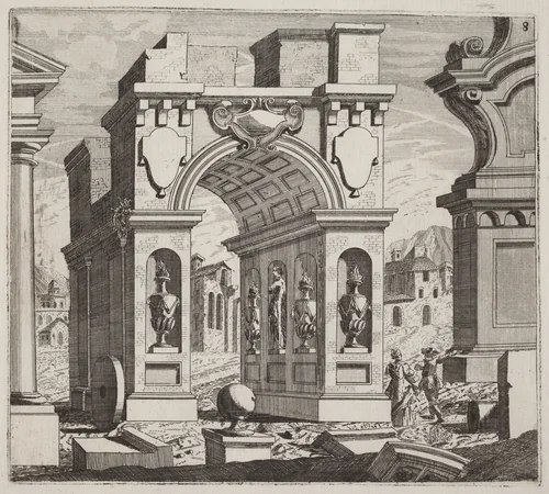 Architectural Fantasy with a Triumphal Arch by Giuseppe Antonio Landi, print, 1719-1753