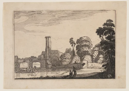 Ferry in Front of a Stone Bridge by Jan van de Velde, print, 1613-1640