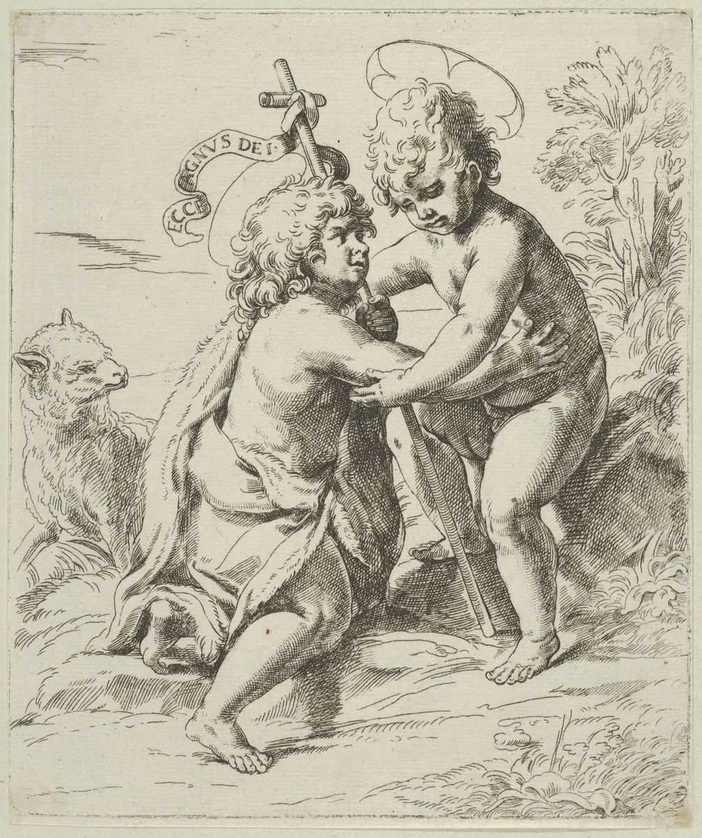 The young Saint John the Baptist kneeling before the young Christ who embraces him, a lamb at left, after Reni by anonymous, print, 1595-1645