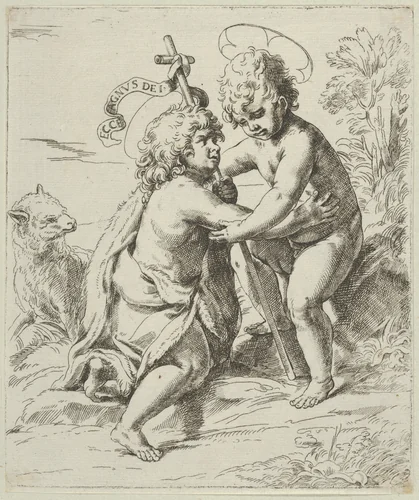 The young Saint John the Baptist kneeling before the young Christ who embraces him, a lamb at left, after Reni by anonymous, print, 1595-1645