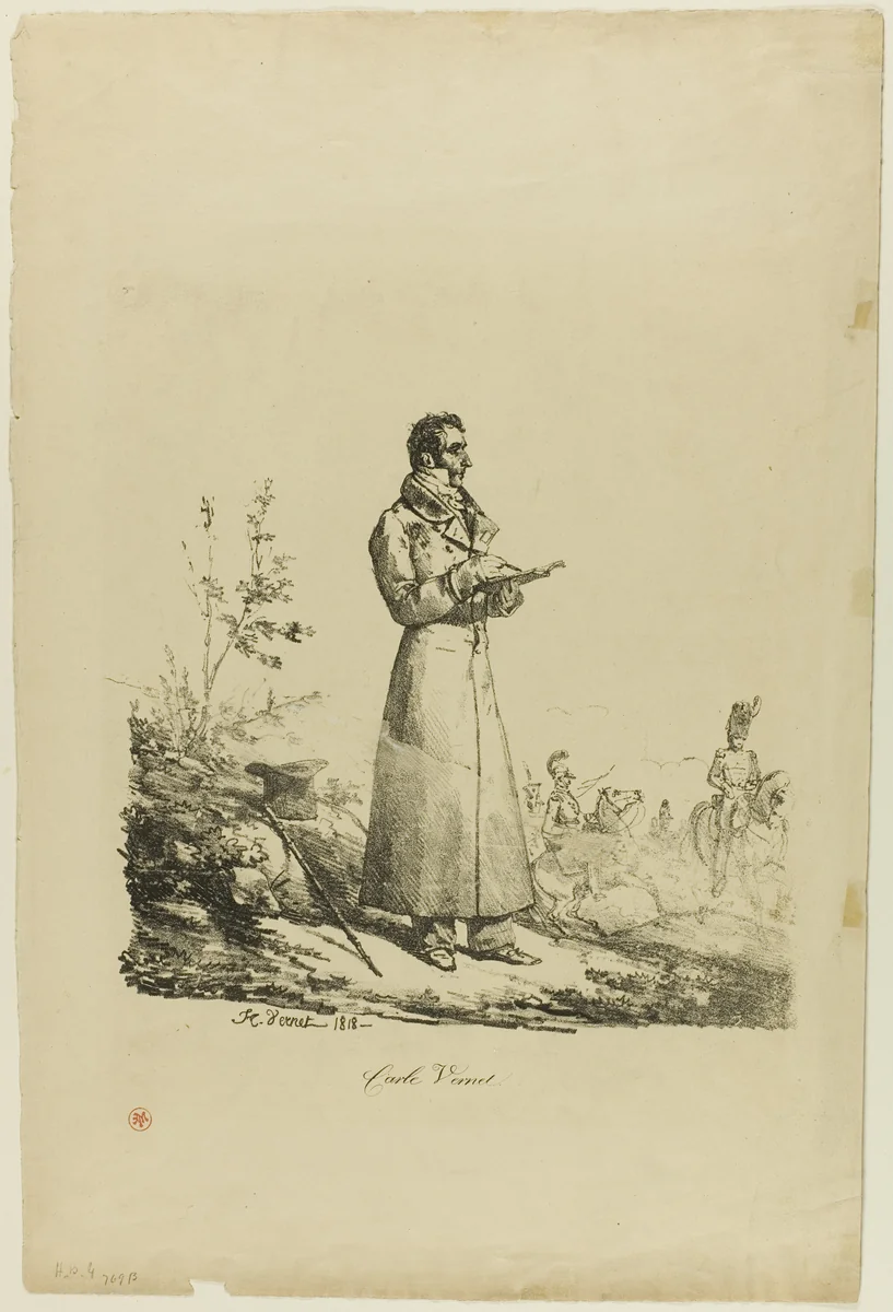 Portrait of Carle Vernet, Standing and Drawing by Horace Vernet, print, 1818
