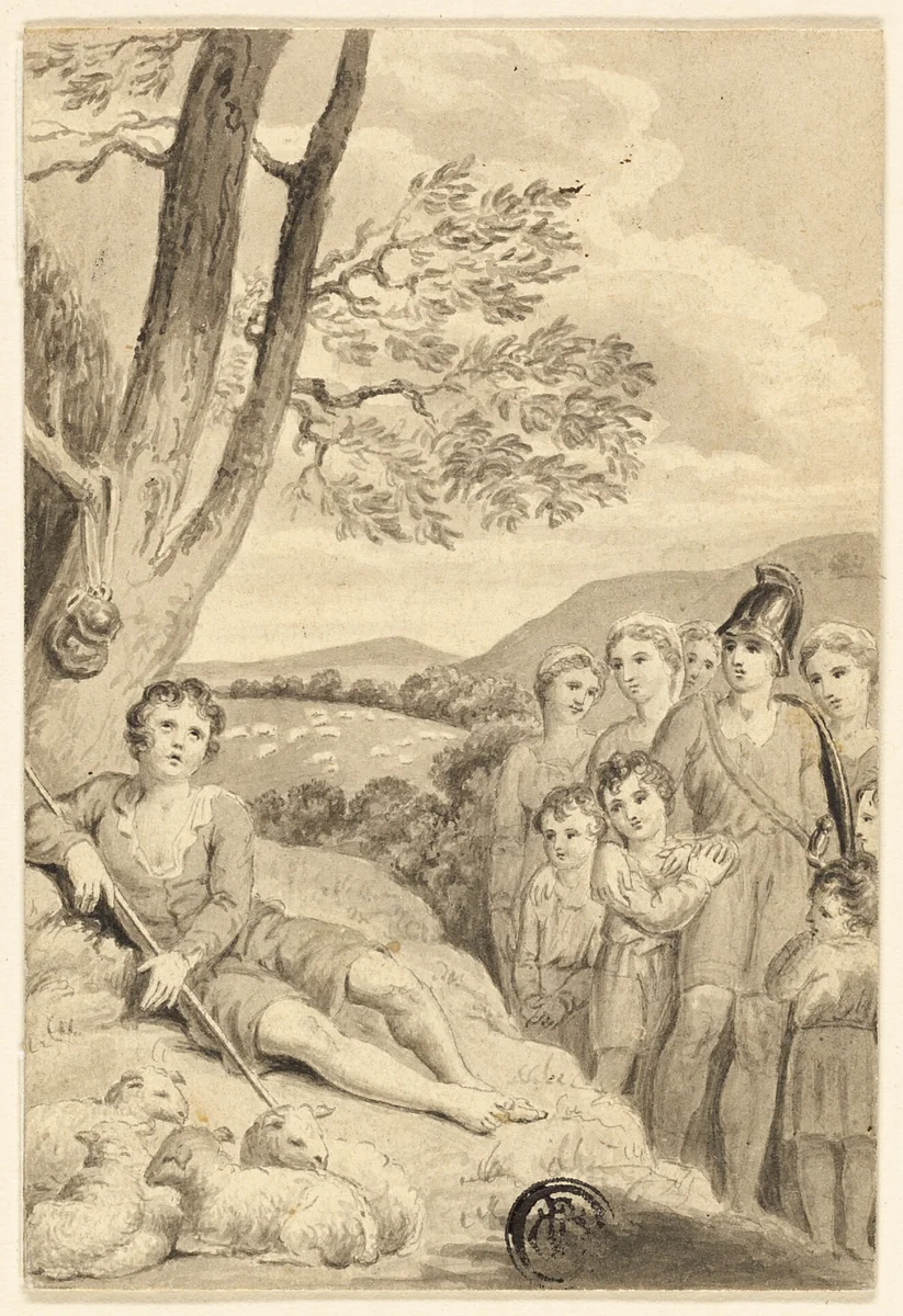 Shepherd Boy with Flock, Watched by Warrior, Women and Children by Unknown Artist, drawing, 1775-1834