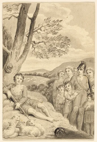 Shepherd Boy with Flock, Watched by Warrior, Women and Children by Unknown Artist, drawing, 1775-1834