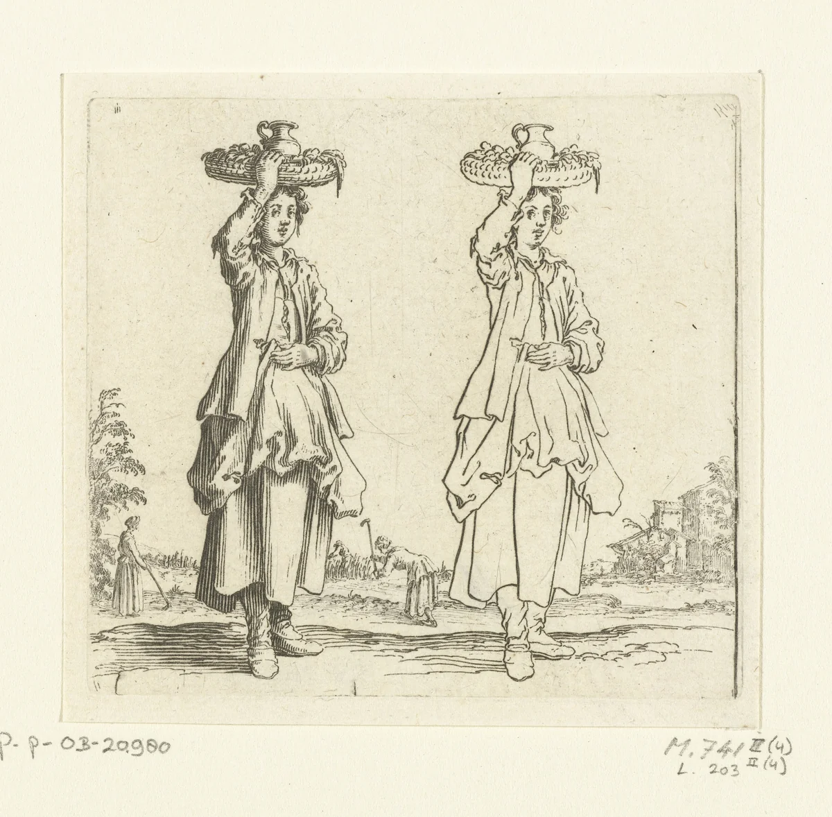 Tweemaal dezelfde boerin met rieten mand, van voren gezien by Jacques Callot, print, 1621-1624