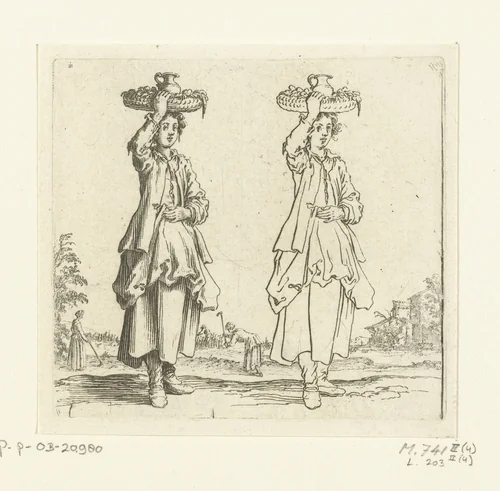 Tweemaal dezelfde boerin met rieten mand, van voren gezien by Jacques Callot, print, 1621-1624