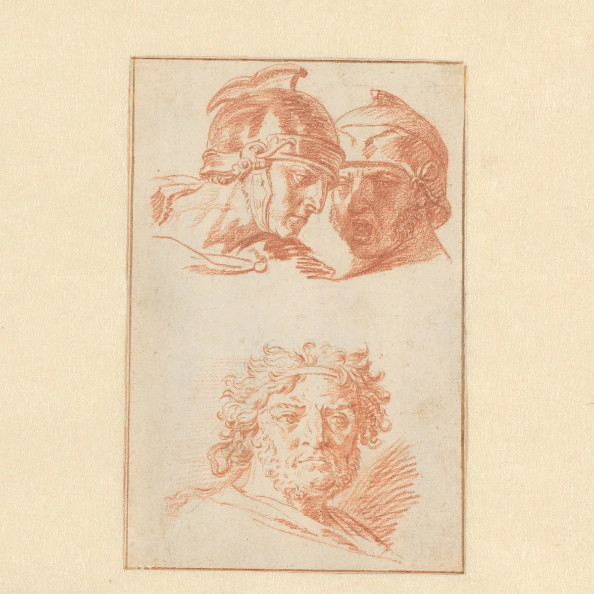 Twee hoofden van soldaten en hoofd van een oude man by Gerard de Lairesse, drawing, 1668-1672