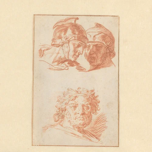 Twee hoofden van soldaten en hoofd van een oude man by Gerard de Lairesse, drawing, 1668-1672