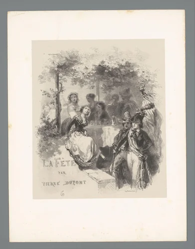 Mannen en vrouwen vermaken zich aan een tafel in een tuin by Adolphe Mouilleron, print, 1830-1880