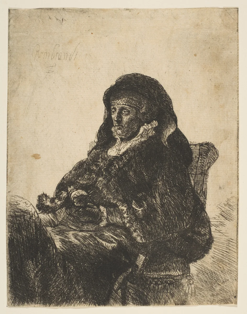 The Artist's Mother Seated at a Table, Looking Left: Three Quarter Length by Rembrandt van Rijn, print, 1631-1669