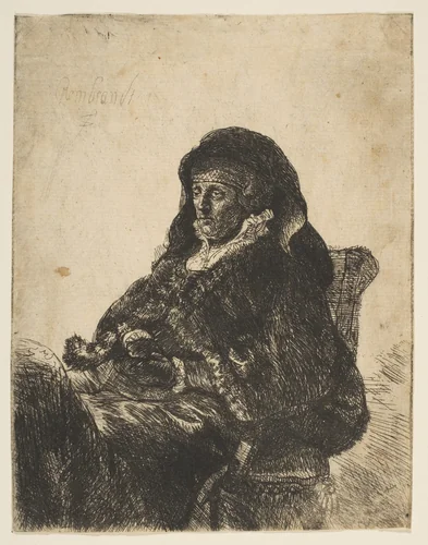 The Artist's Mother Seated at a Table, Looking Left: Three Quarter Length by Rembrandt van Rijn, print, 1631-1669