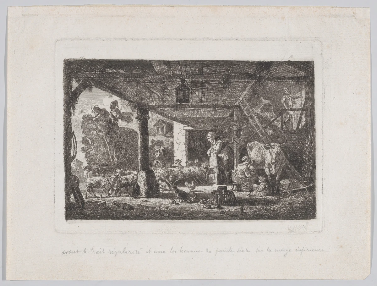 Interior of a barn with an unloading haywagon by Jean Louis de Marne, print, 1744-1829