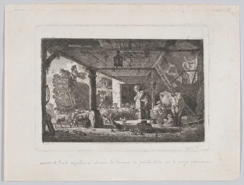 Interior of a barn with an unloading haywagon by Jean Louis de Marne, print, 1744-1829