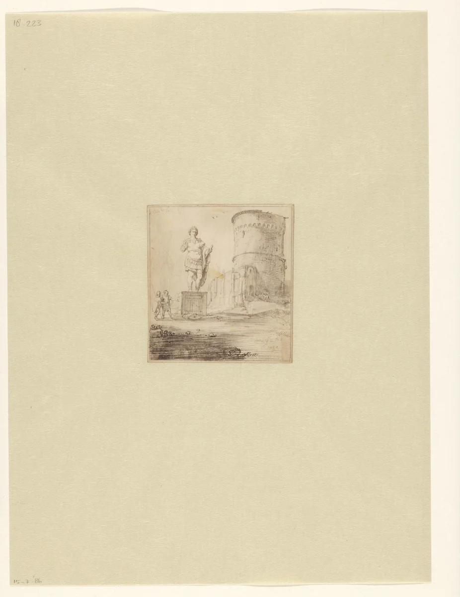Romeins standbeeld en ruïnes by Jan Linsen, drawing, 1630